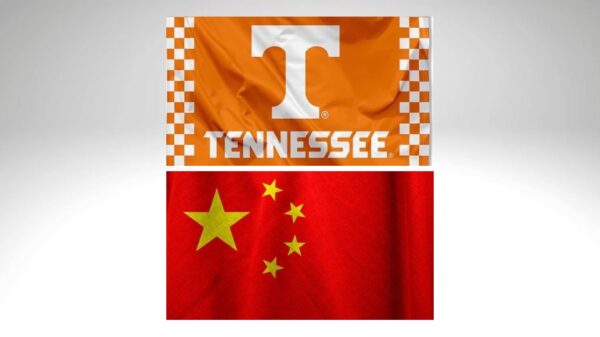 A split-image graphic showing two flags. The top half features the University of Tennessee flag with an orange background, white ‘T’ logo, checkered borders, and the word ‘TENNESSEE’ in bold white letters. The bottom half displays the national flag of China, with a red background and five yellow stars in the upper left corner.