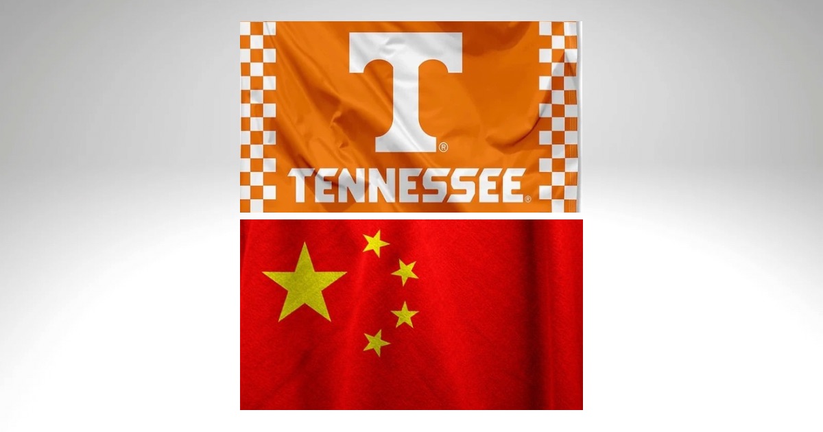 A split-image graphic showing two flags. The top half features the University of Tennessee flag with an orange background, white ‘T’ logo, checkered borders, and the word ‘TENNESSEE’ in bold white letters. The bottom half displays the national flag of China, with a red background and five yellow stars in the upper left corner.