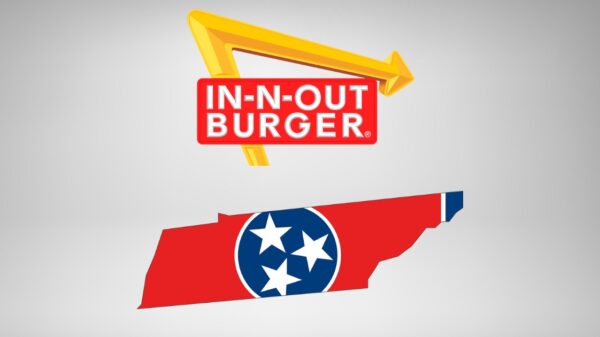 In-N-Out Burger logo above a red outline of the state of Tennessee, which is filled with elements of the Tennessee state flag, including the blue circle with three white stars
