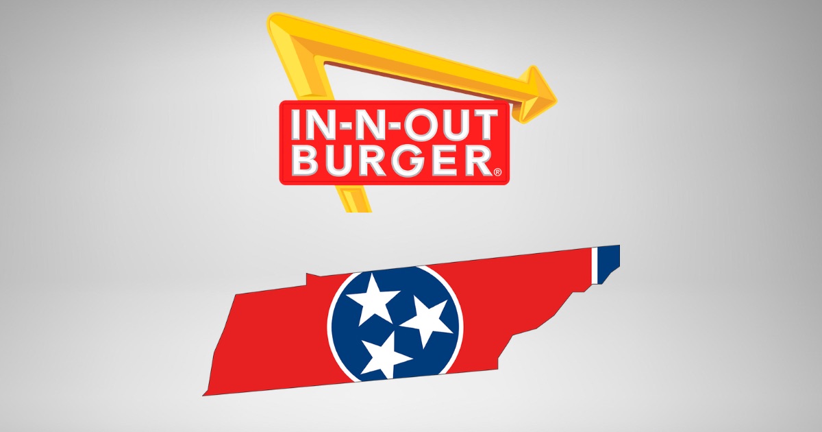 In-N-Out Burger logo above a red outline of the state of Tennessee, which is filled with elements of the Tennessee state flag, including the blue circle with three white stars